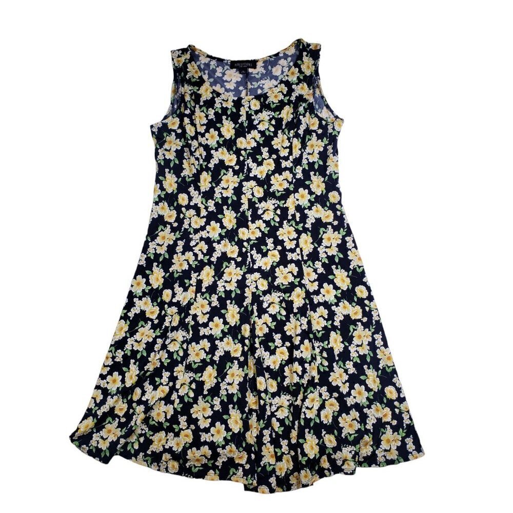 Perceptions black scoop neck, sleeveless dress with yellow flowers, size medium